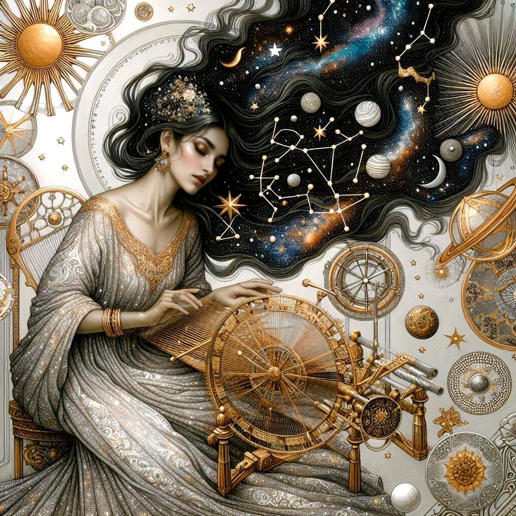 Ethereal Woman Weaving Constellations in Art Nouveau Style