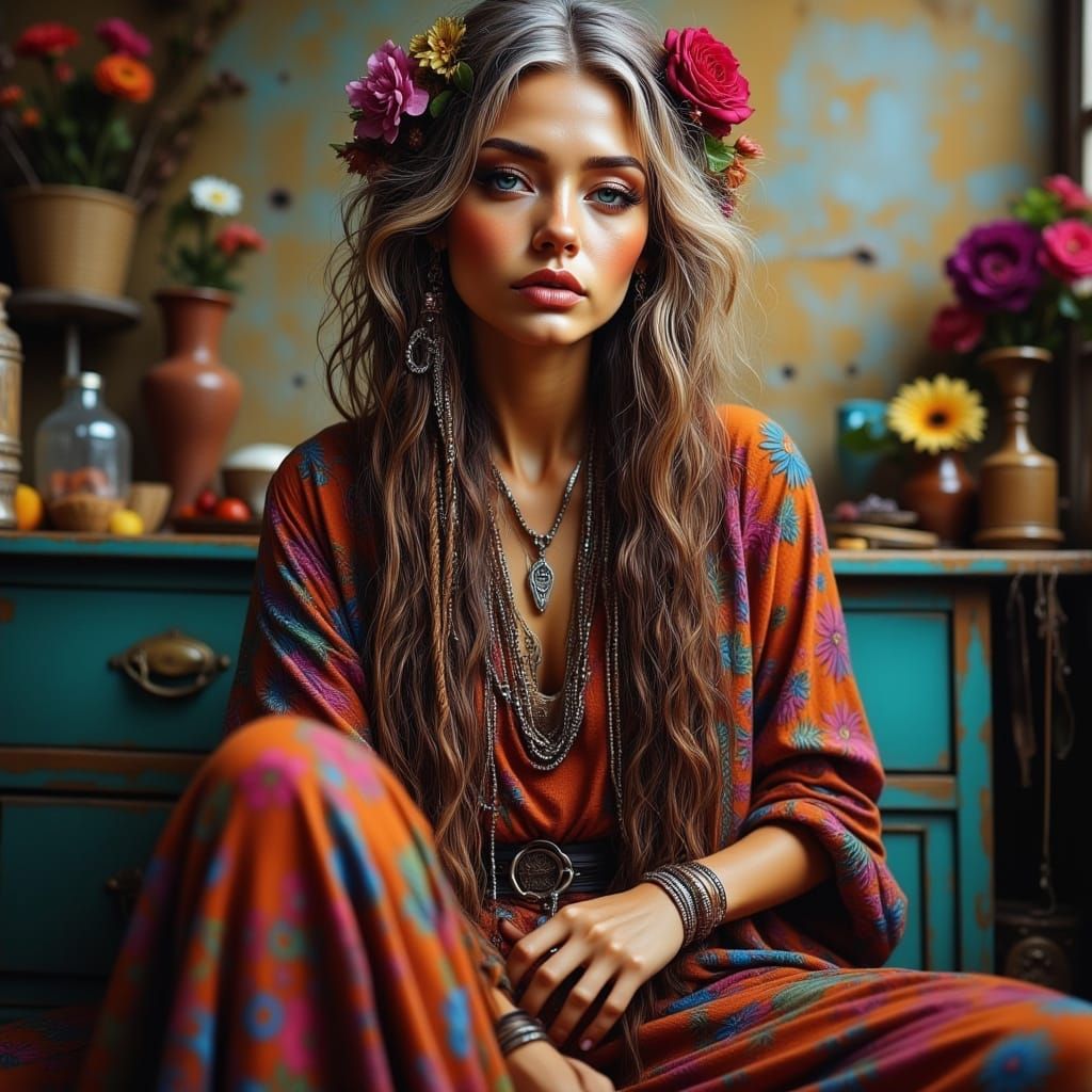 Bohemian Senior Woman Portrait in Hand-Drawn Style