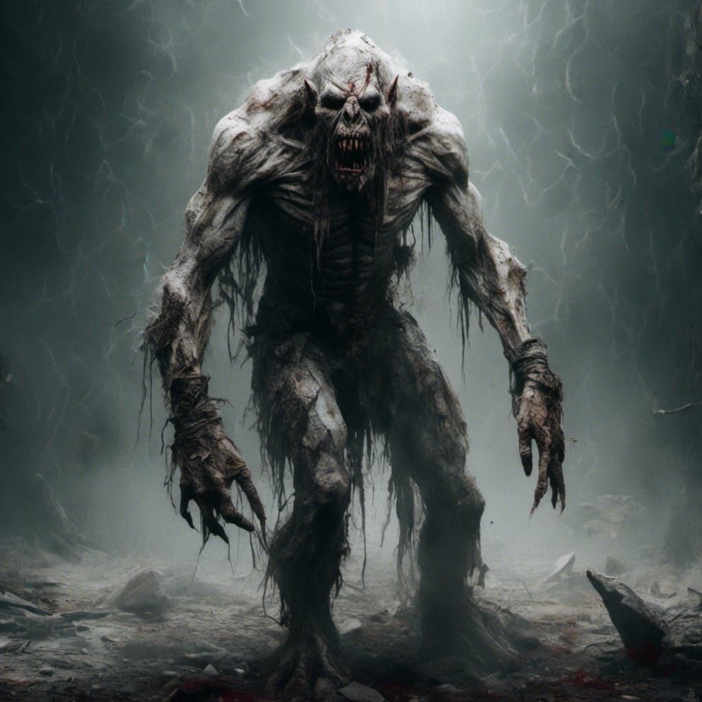 Scary White Orc Eating Human in Wasteland