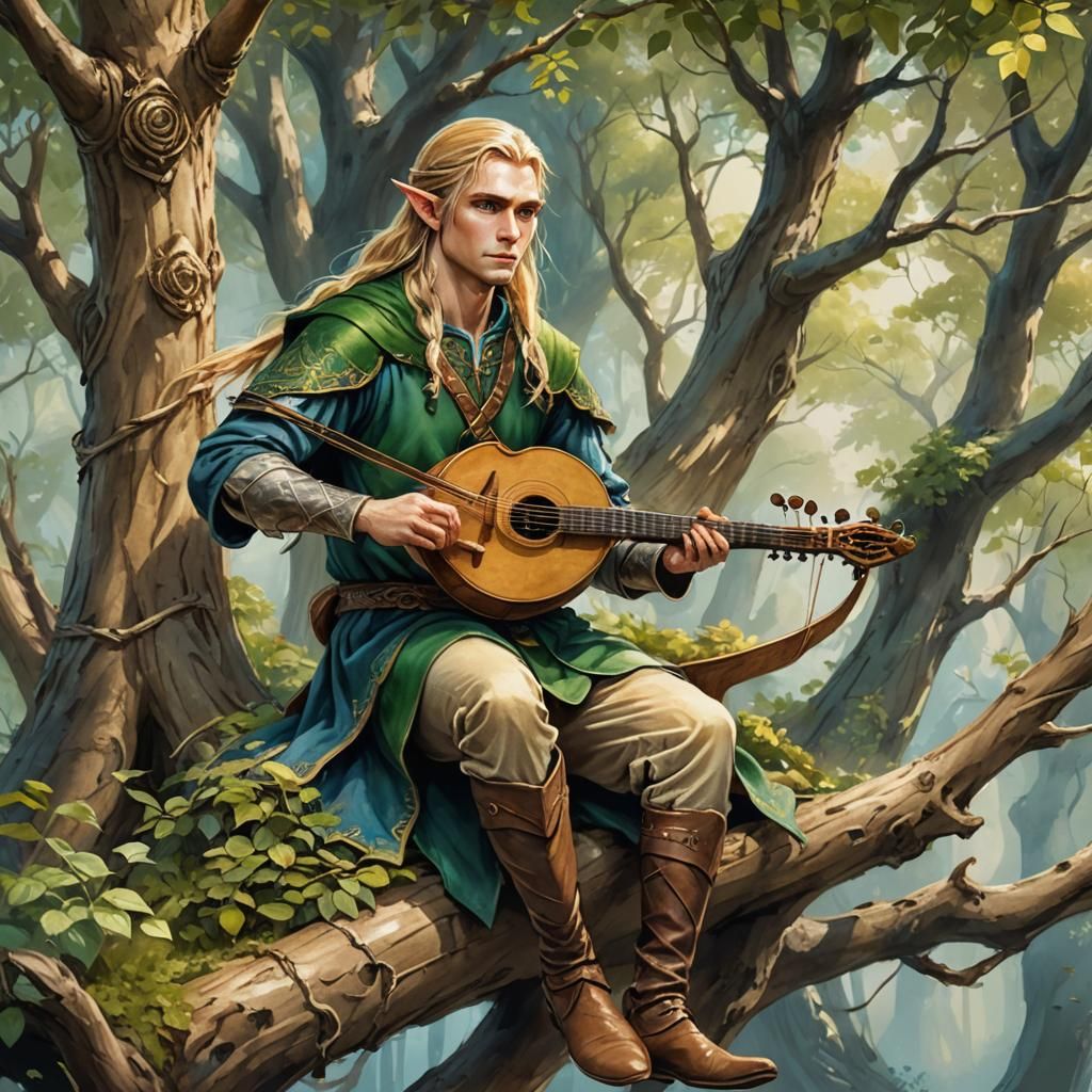 Elf Warrior with Harp: Watercolor Fantasy Art