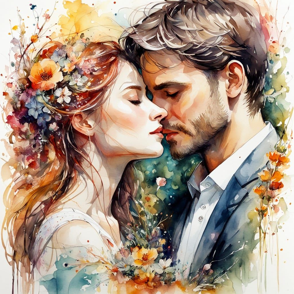 Lovers Embrace in a Whimsical Watercolor Garden