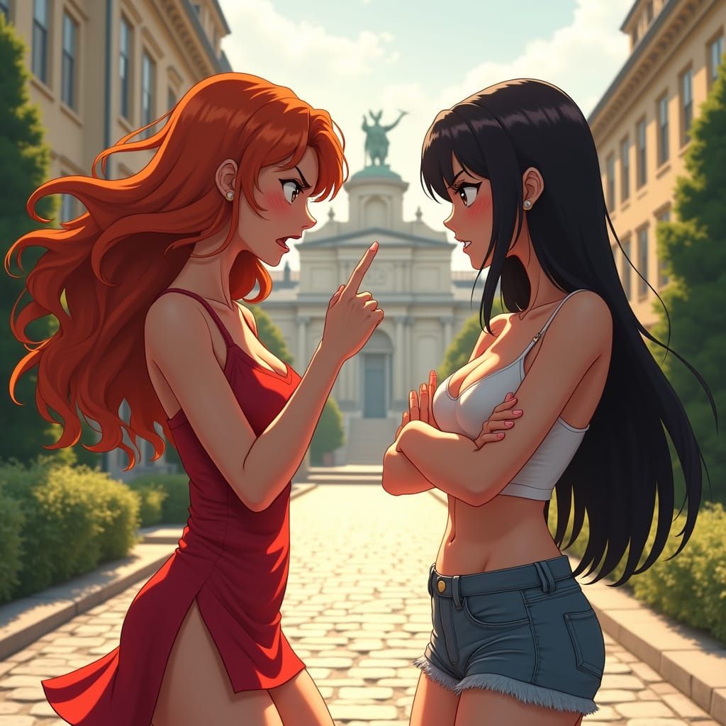 Dramatic City Square Confrontation in Vibrant Red and Black