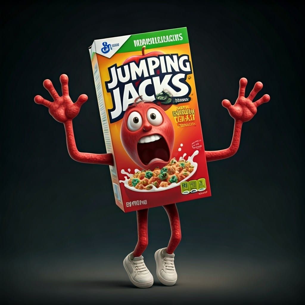 A box of Apple jacks cereal jumping up and down, surprised f...