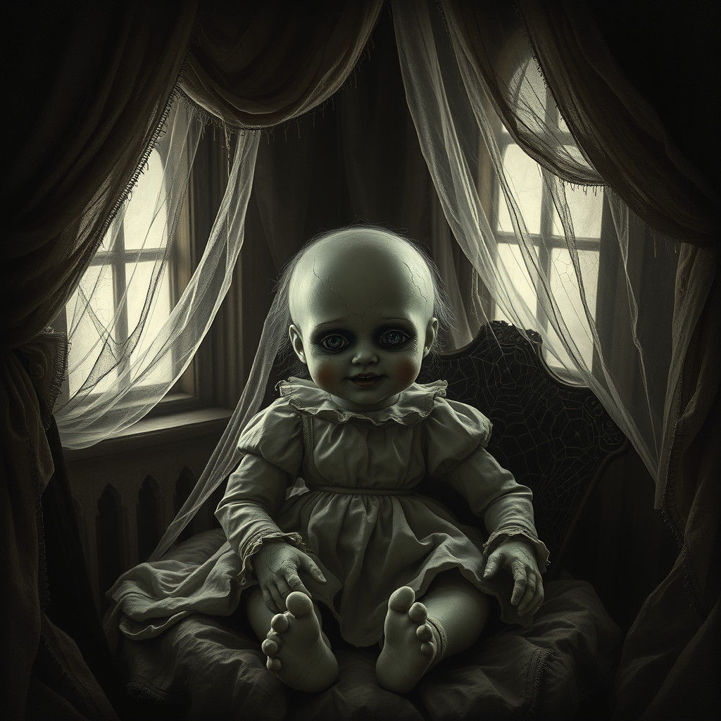 Eerie Porcelain Doll in Gothic Chamber