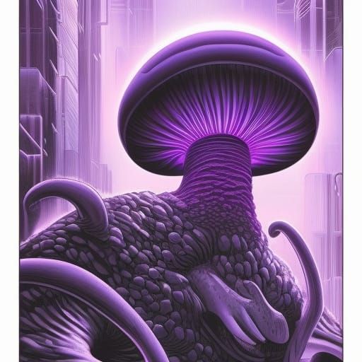 Cyberpunk Purple Mushroom Monster in Comic Book Style