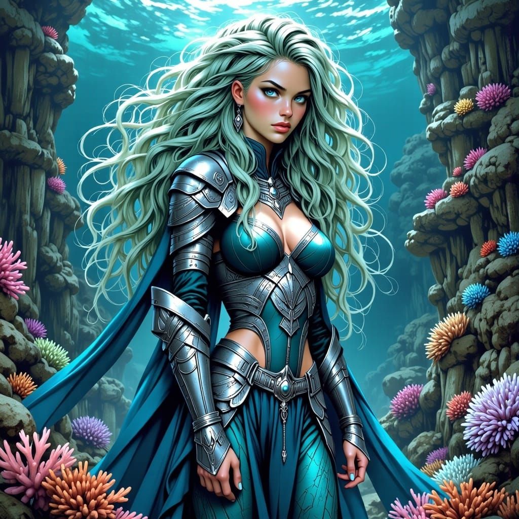 Serene Sea Knight with Turquoise Eyes in Anime Style