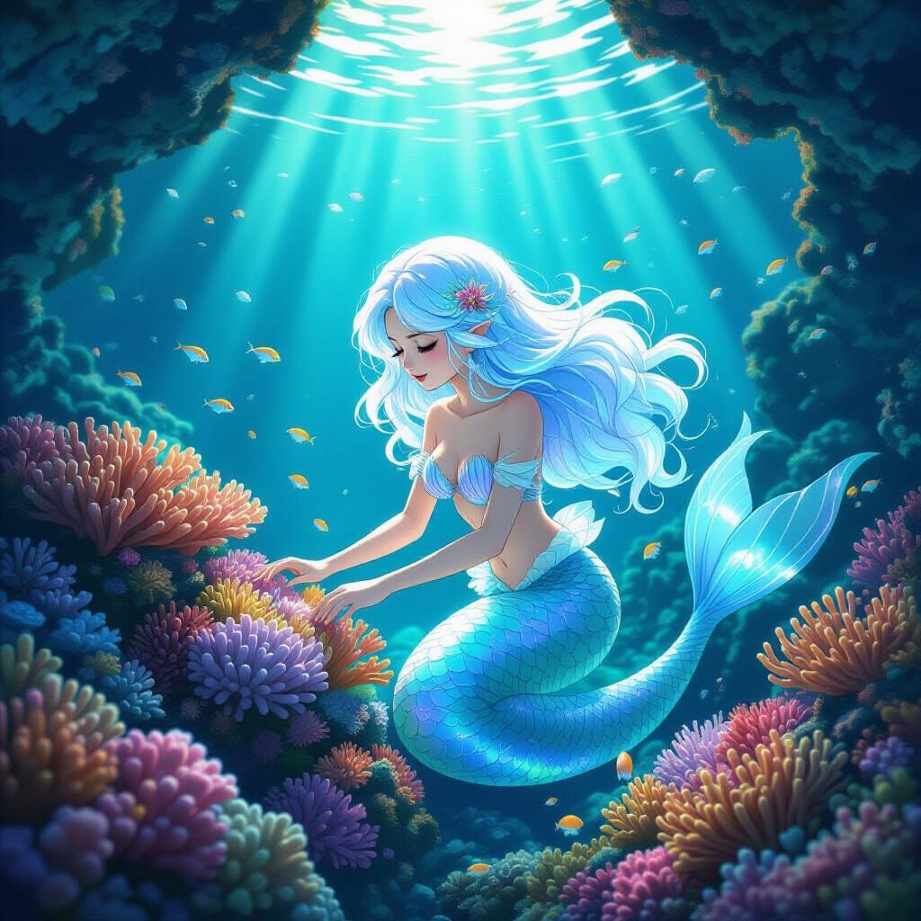 Mermaid Tends Coral Garden in Sun-Dappled Grotto