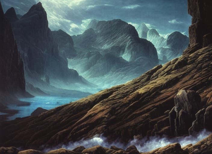 Epic Mountain Range Landscape Painting in Ukiyo-e Style