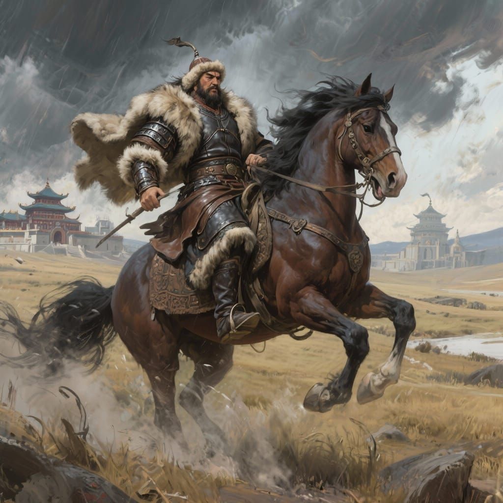 Genghis Khan on Horseback in Stormy Steppe