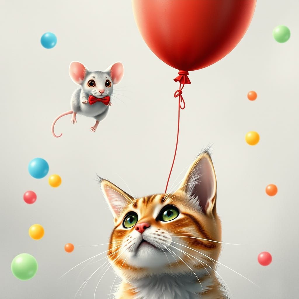 Whimsical Watercolor Scene with Mouse and Cat