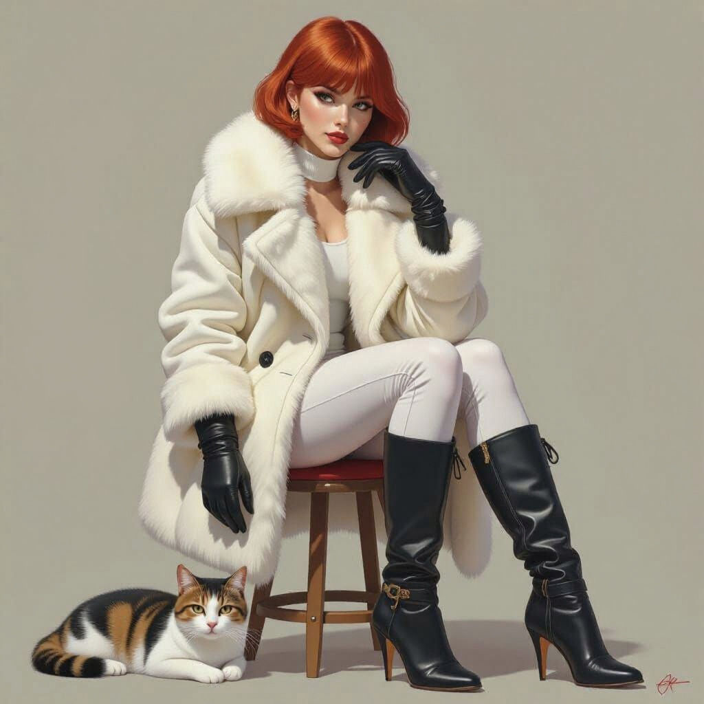 Woman in Fur Coat Sitting Beside Cat