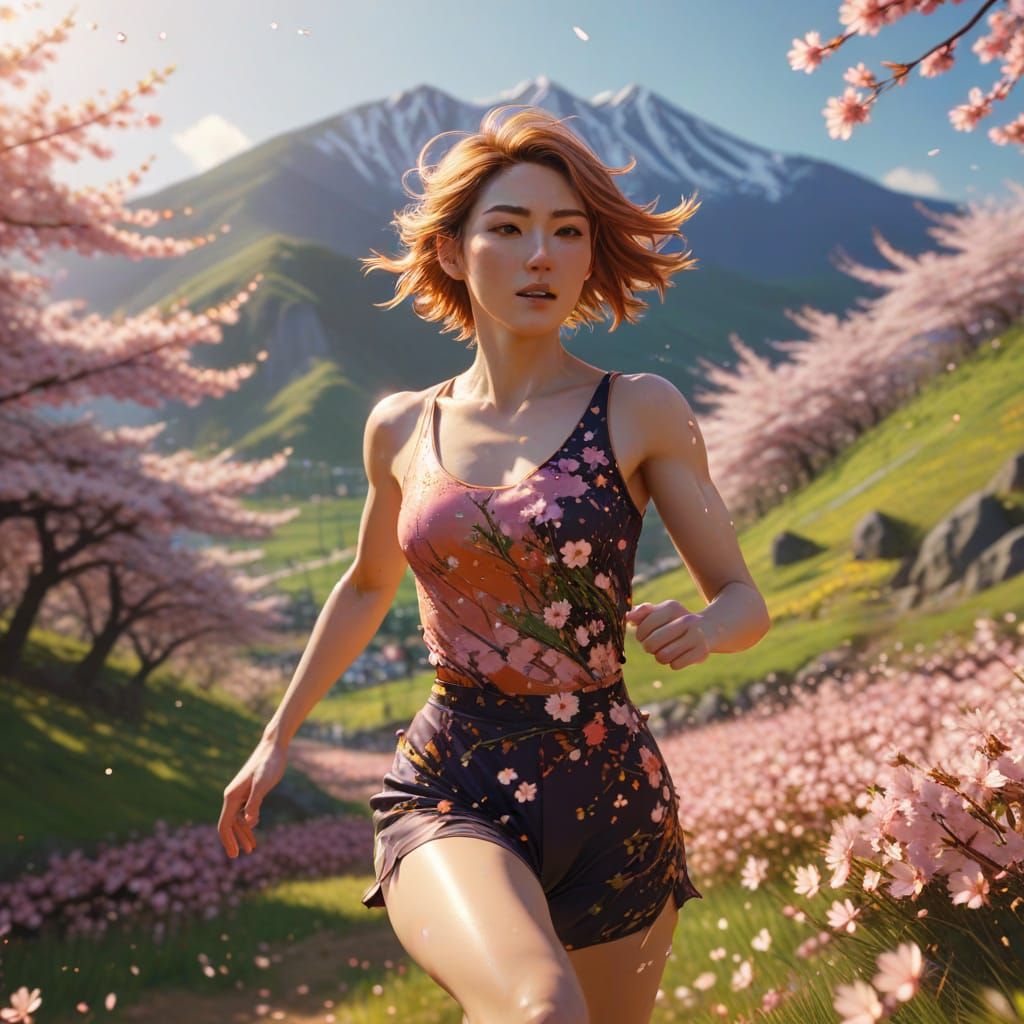 Woman Sprinting Through Sakura Field: Anime Style