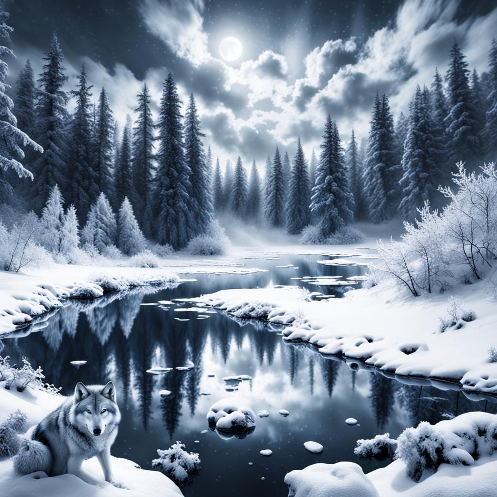 Winter Forest Scene with Snowstorm and Wolves