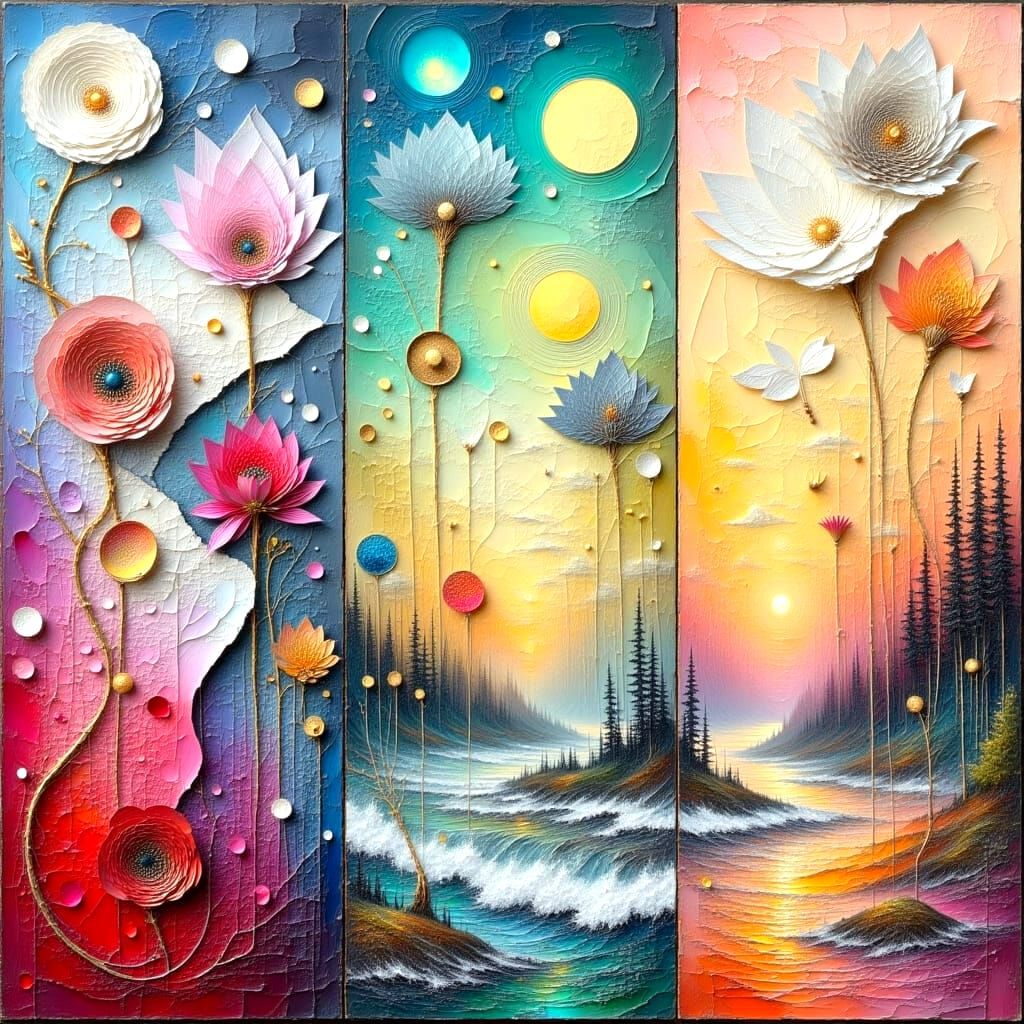 Surreal Triptych of Dreamlike Worlds as Oil Painting