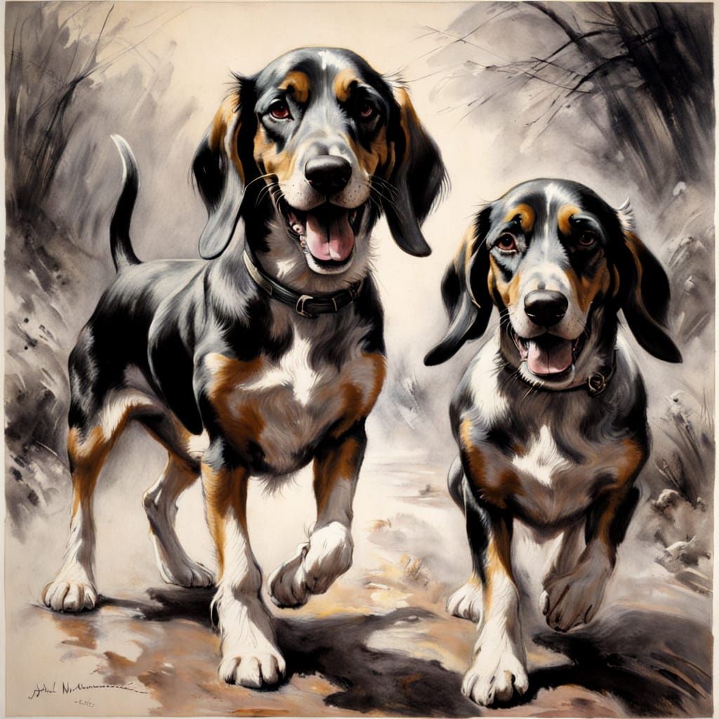 Playful Basset Hounds in Bromoil Pastel Style