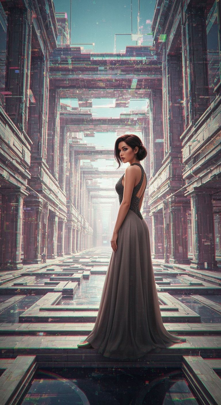 Elegant Woman in Surreal Glitch Art Architecture