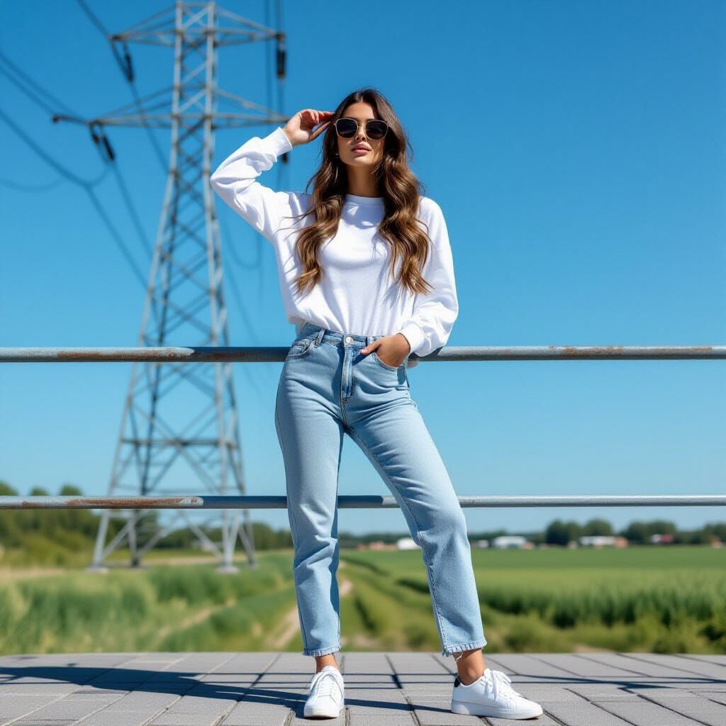 Photorealistic Portrait of Person by Railing and Tower