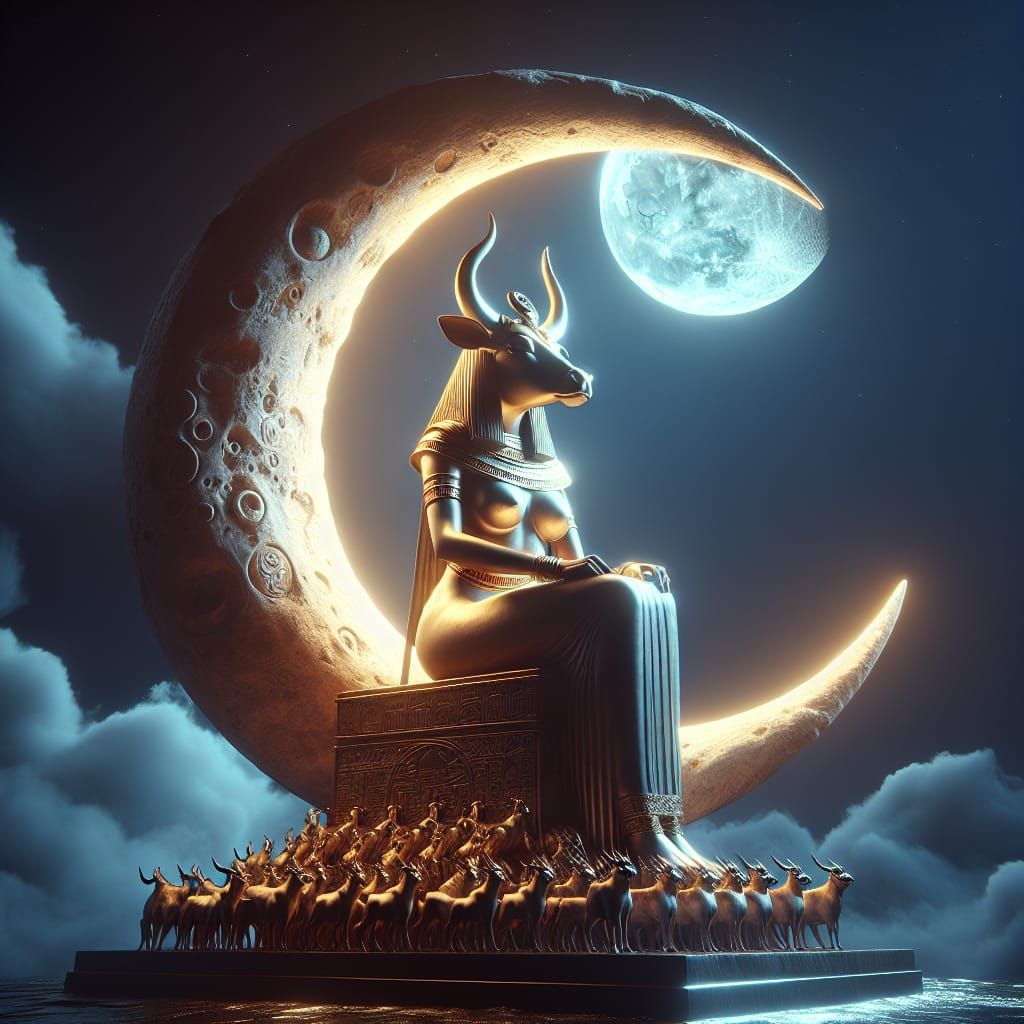 Ancient Egyptian Goddess Hathor Seated on Crescent Moon in H...