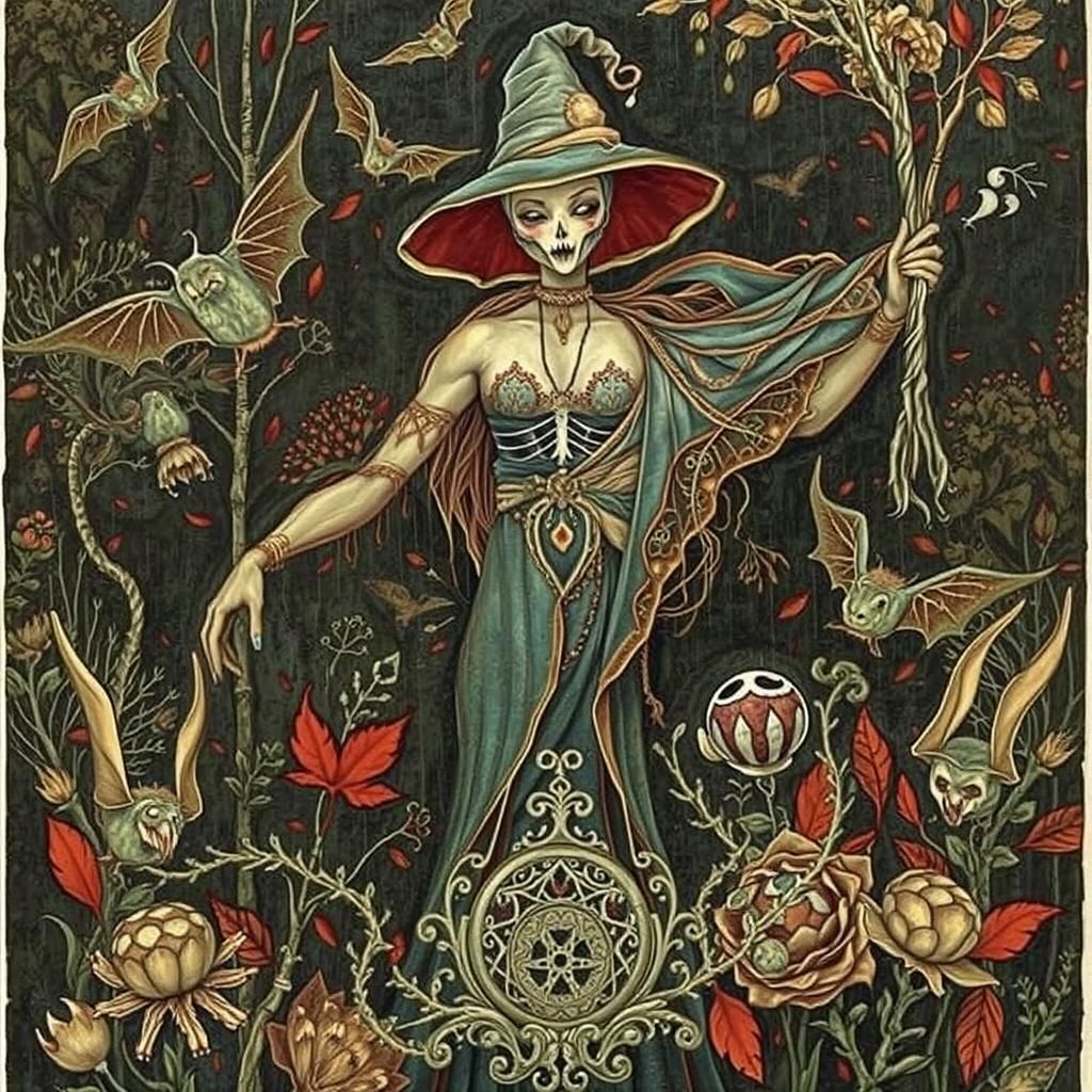 Alebrije Collage Portrait: Mesmerizing Witch in Autumnal For...