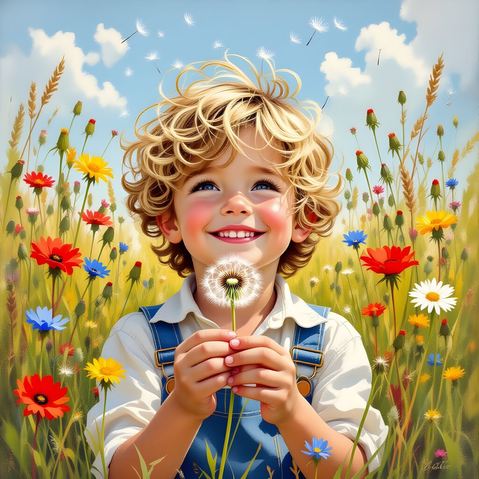 Boy with Dandelion in a Romantic Style