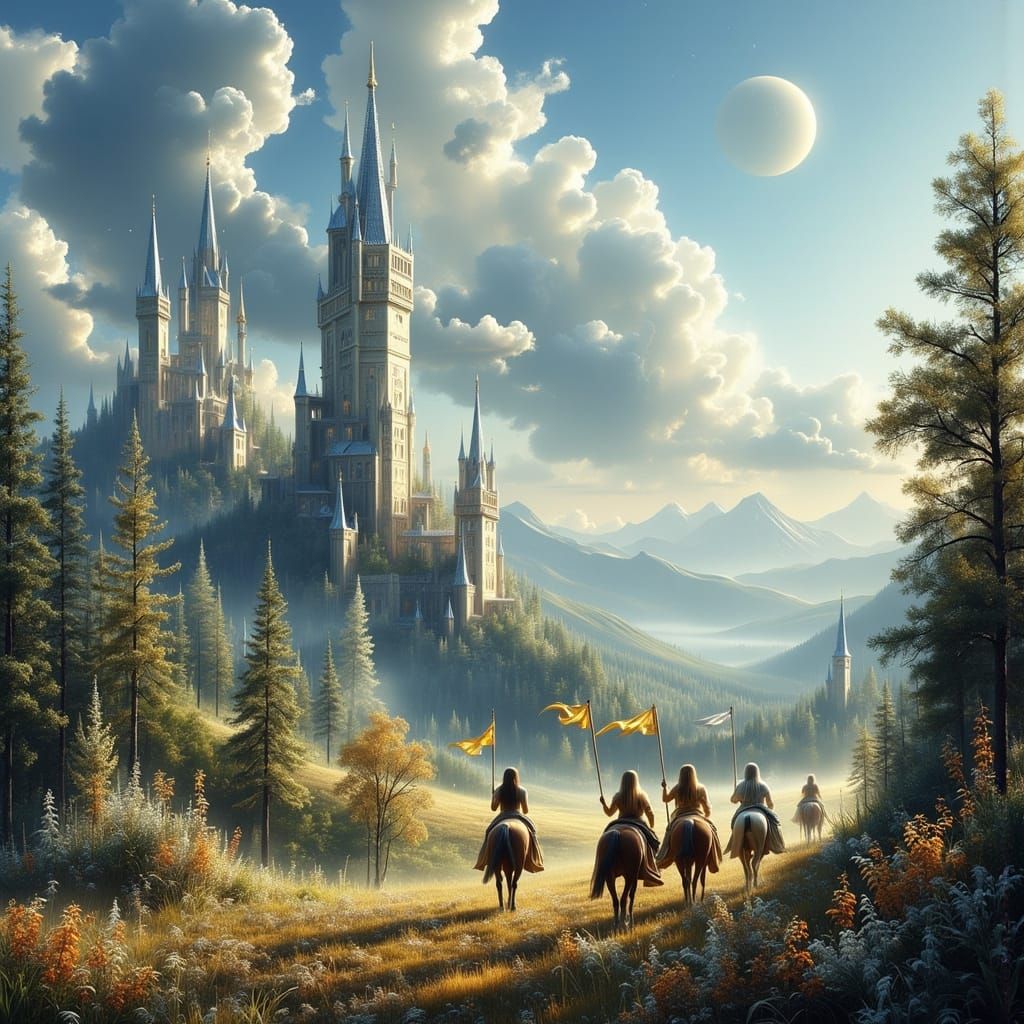 Armored Elf Women Ride to Faery Castle in Fairytale Lighting