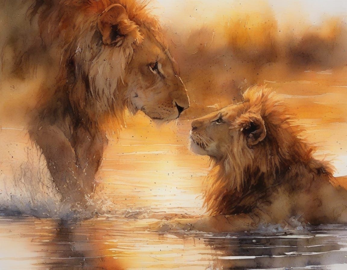 Momma Lion Teaches Baby Lion in Vibrant Watercolour Sunset