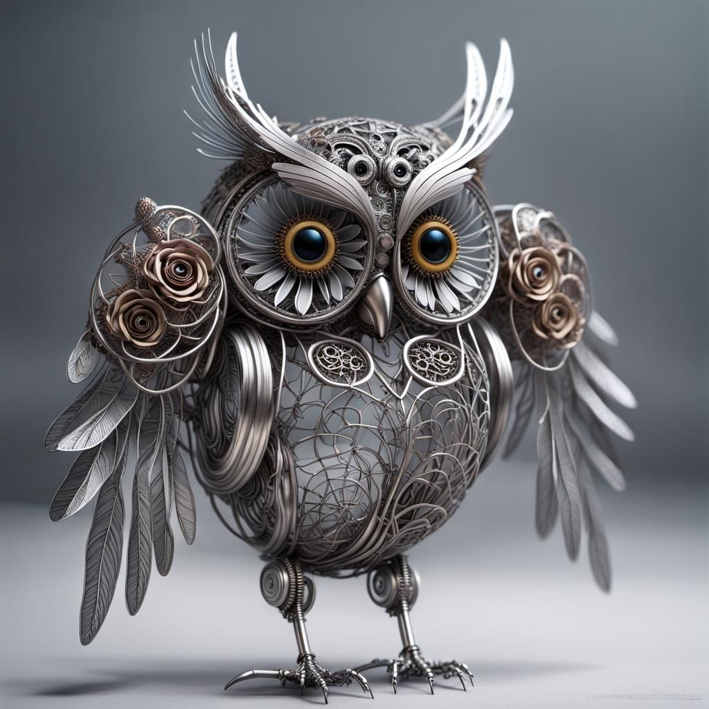 Intricate Metal Wire Owl Sculpture in Cyberpunk Style
