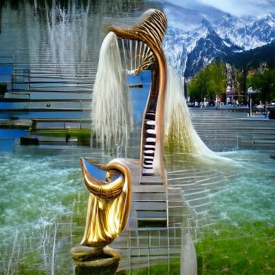 Harpist in Garden Beside Fountain