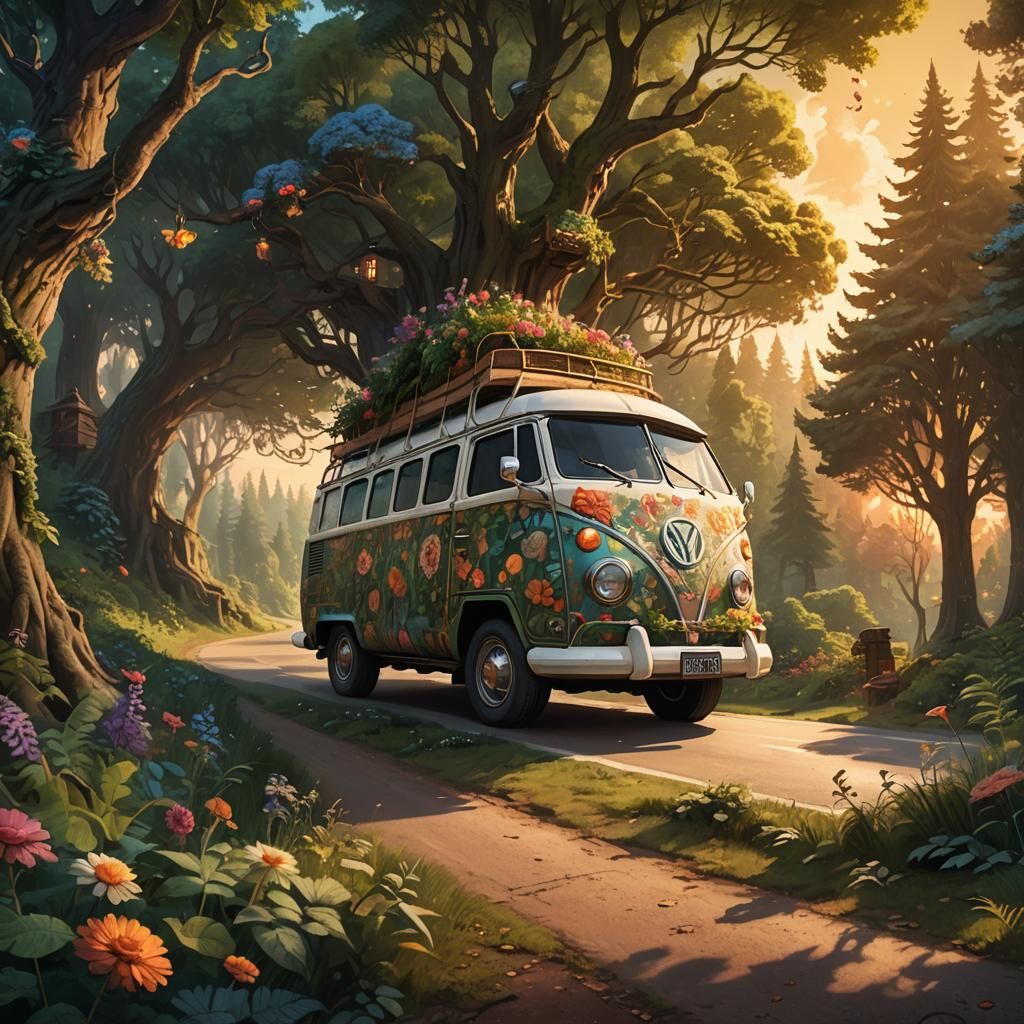 Floral Campervan Drives Through Sunset Forest