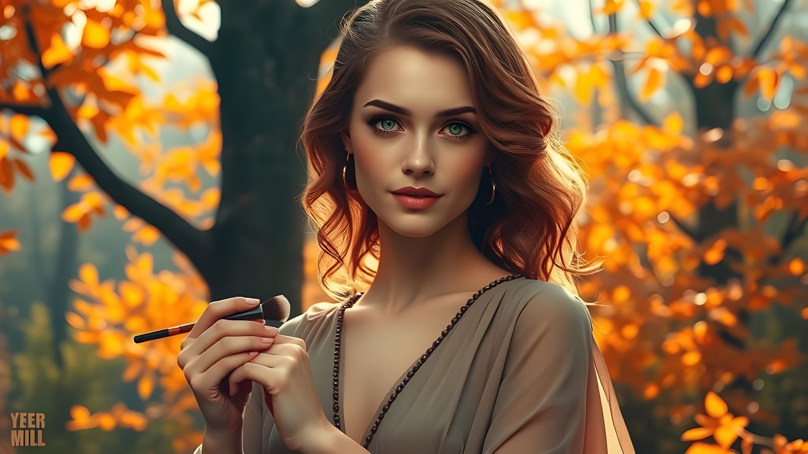 Beautiful Tattoo Artist in Autumn Landscape