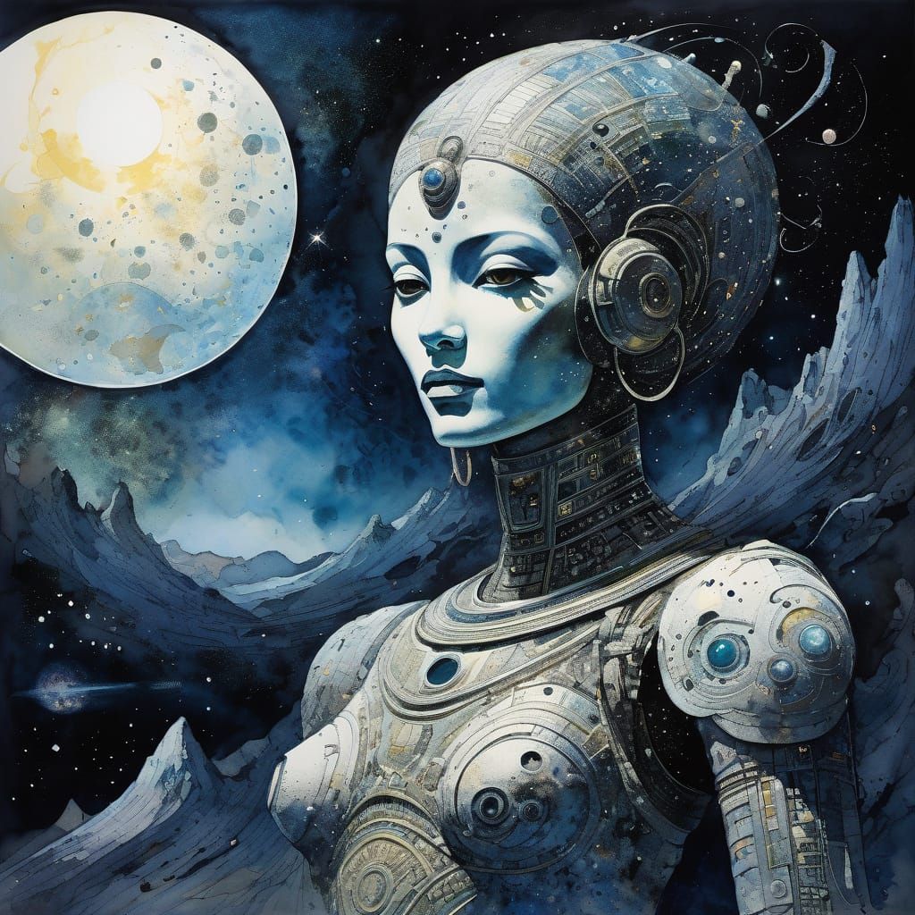 Ethereal Sci-Fi Deity in Watercolor and Ink