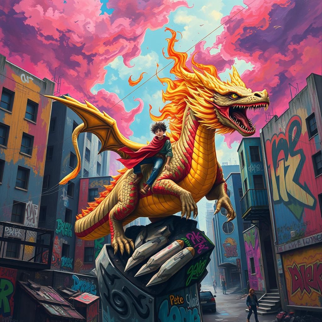 Dragon Emerges from Dystopian Cityscape in Spray Paint Style