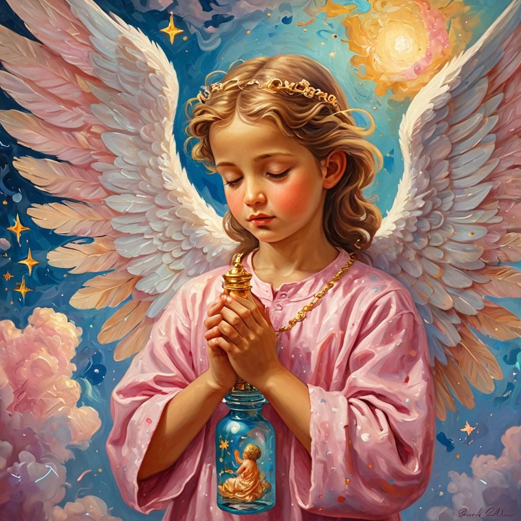 Angel Praying with Stars: An Expressionist Oil Painting