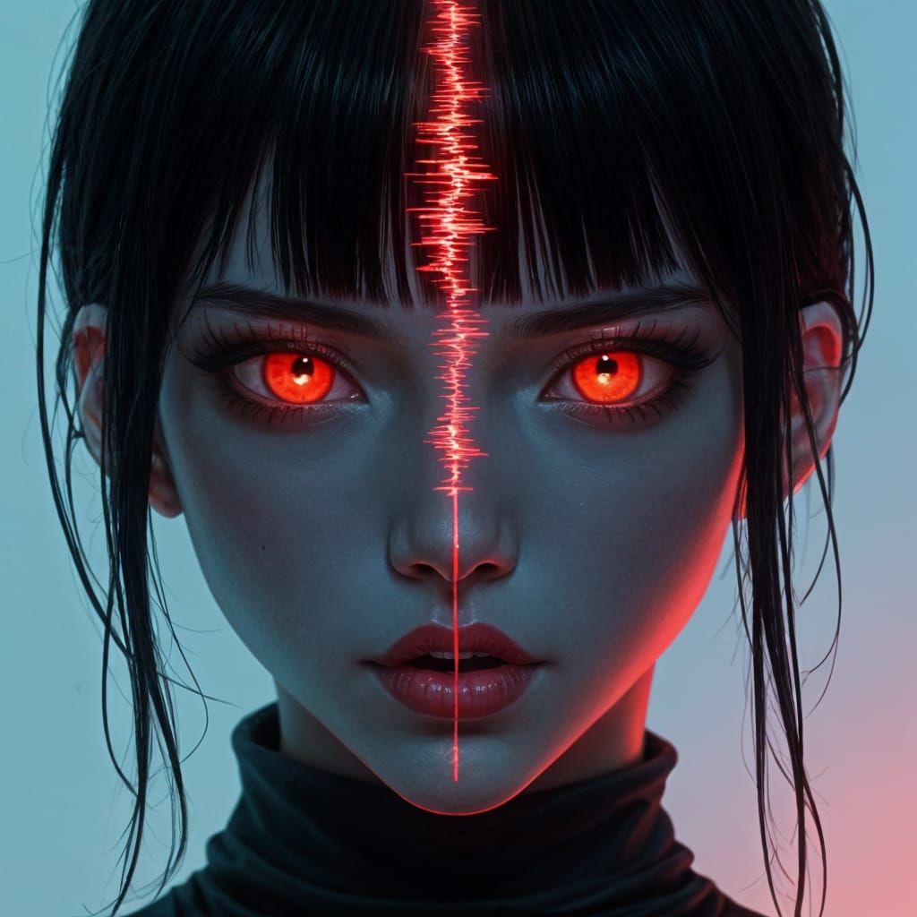 Cyberpunk Digital Portrait of a Woman with Piercing Red Eyes