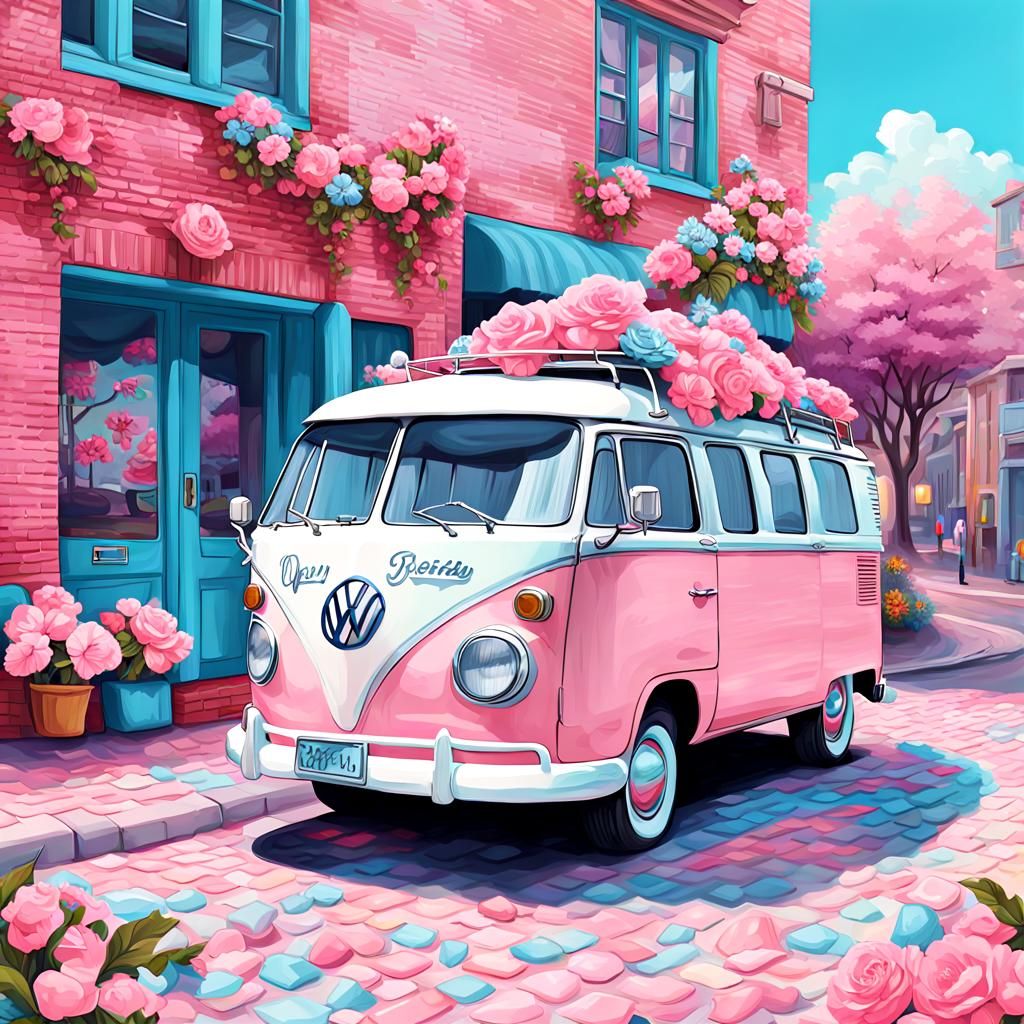 Pastel VW Van in Candyland Art Style