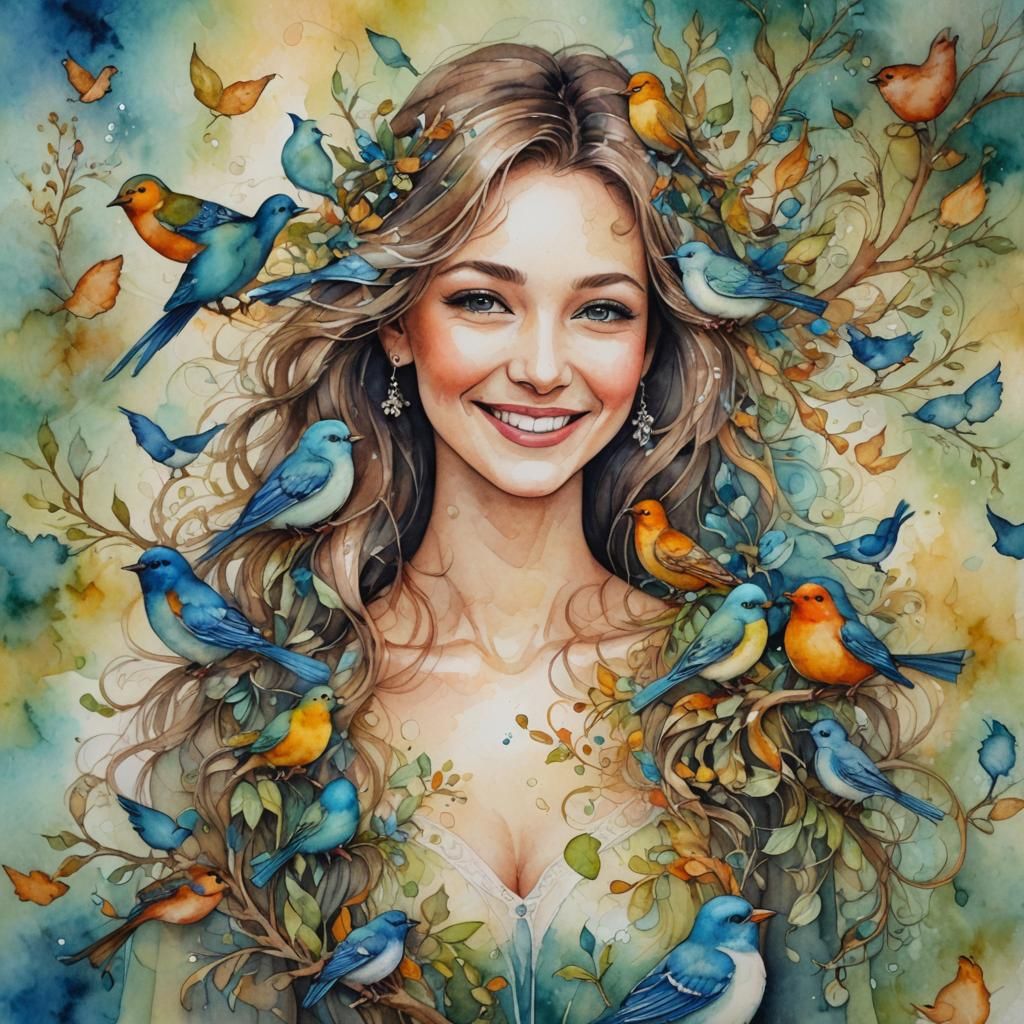 Smiling Lady with Birds: Watercolor and Fractal Art