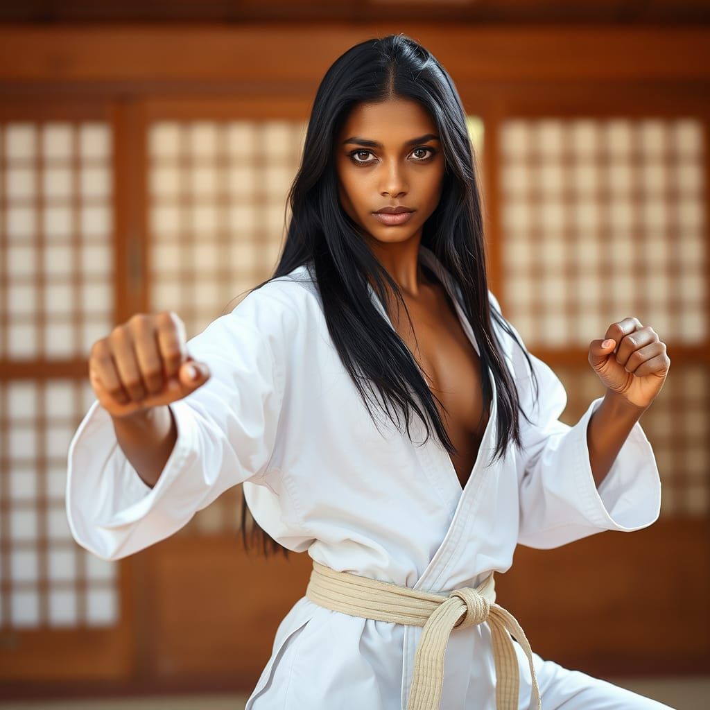 Sri Lankan Woman Practicing Karate in a Photo-Realistic Port...