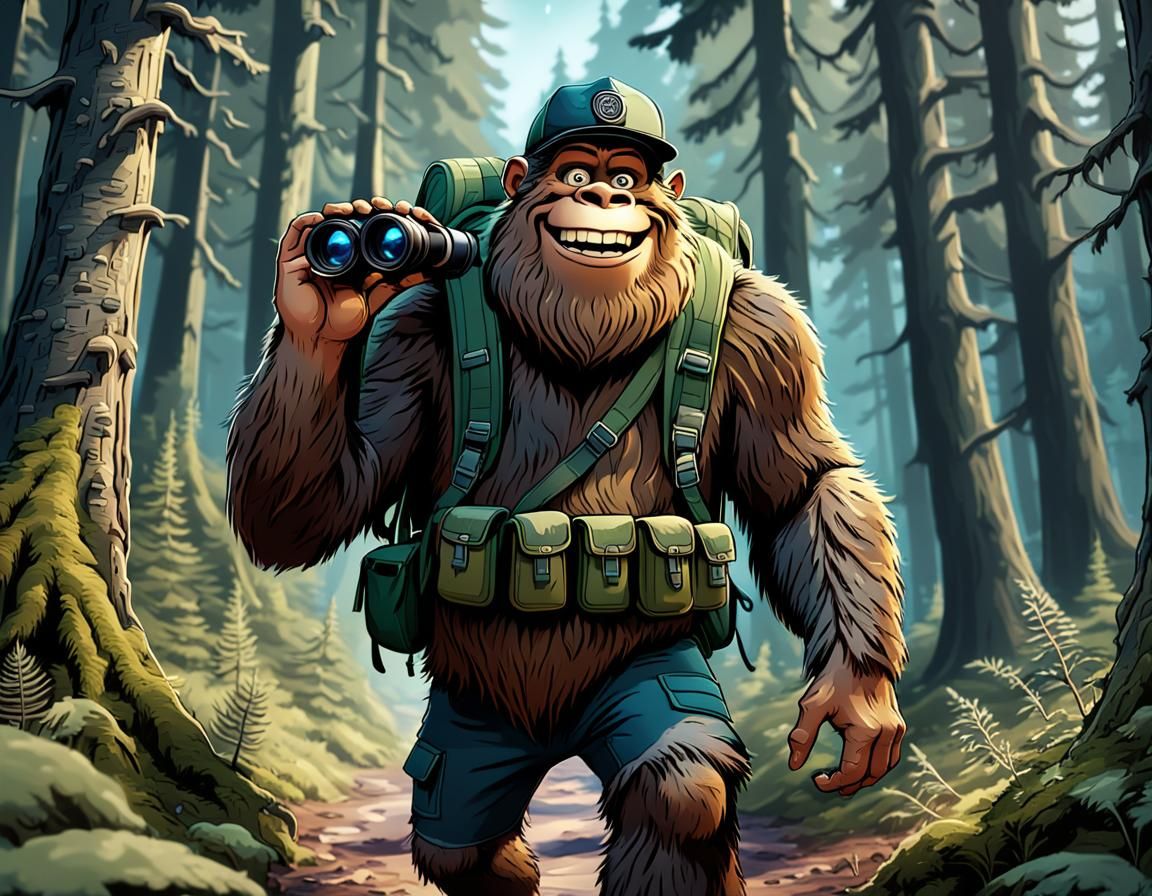 Happy Bigfoot Cartoon in Forest, Comic Book Style