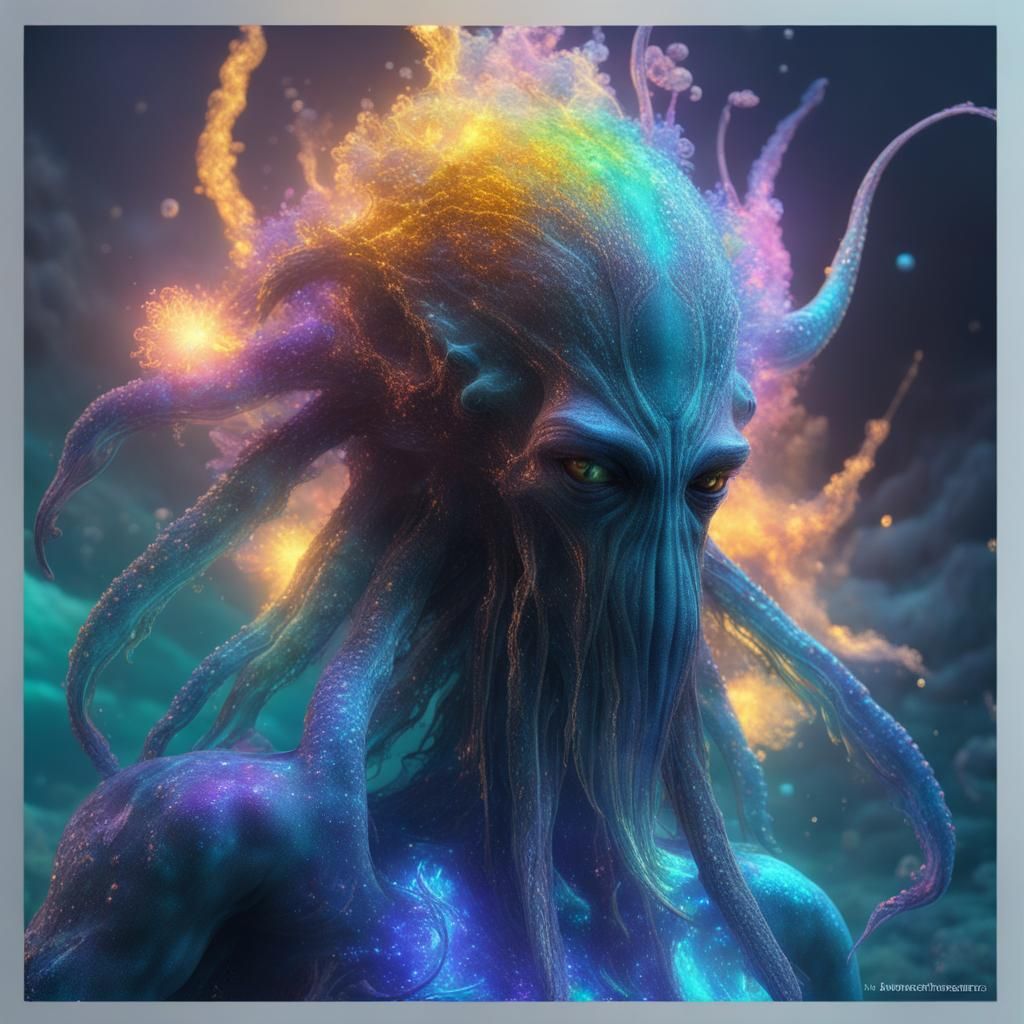 Handsome Kraken-Human Hybrid in Bioluminescent Ocean