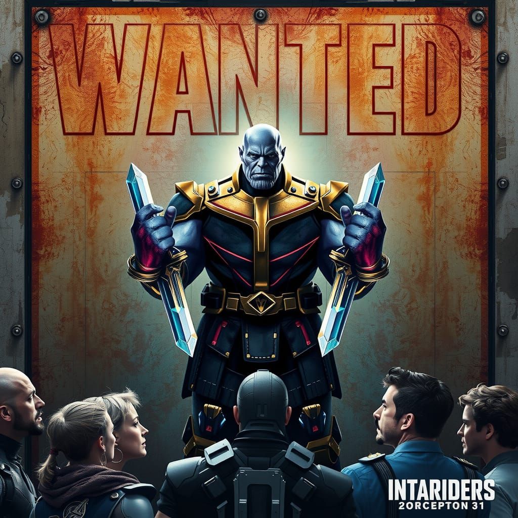 Thanos Wanted Poster in Retro-Futuristic Sci-Fi Style