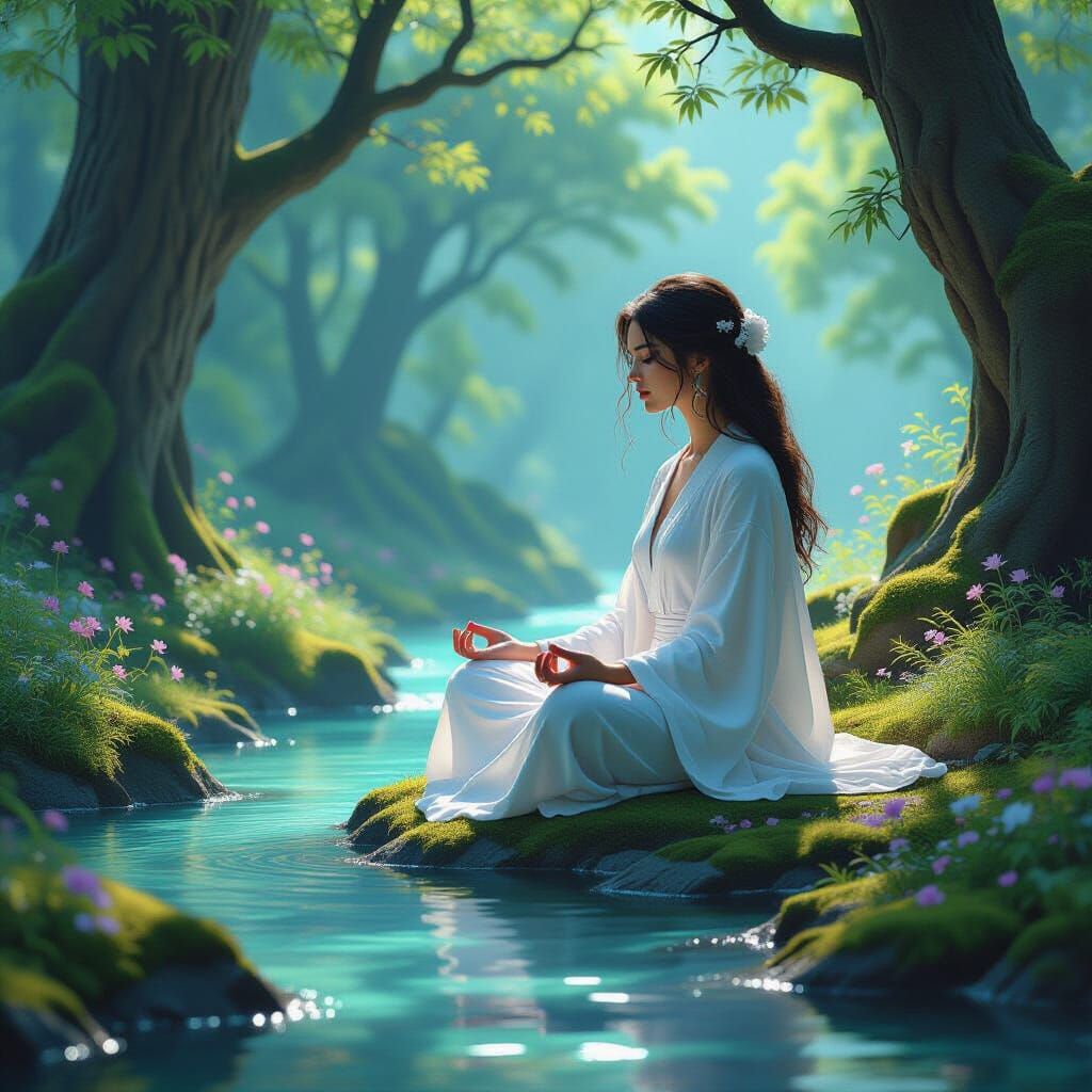 Serene Forest Meditation in Hyperrealistic Digital Art