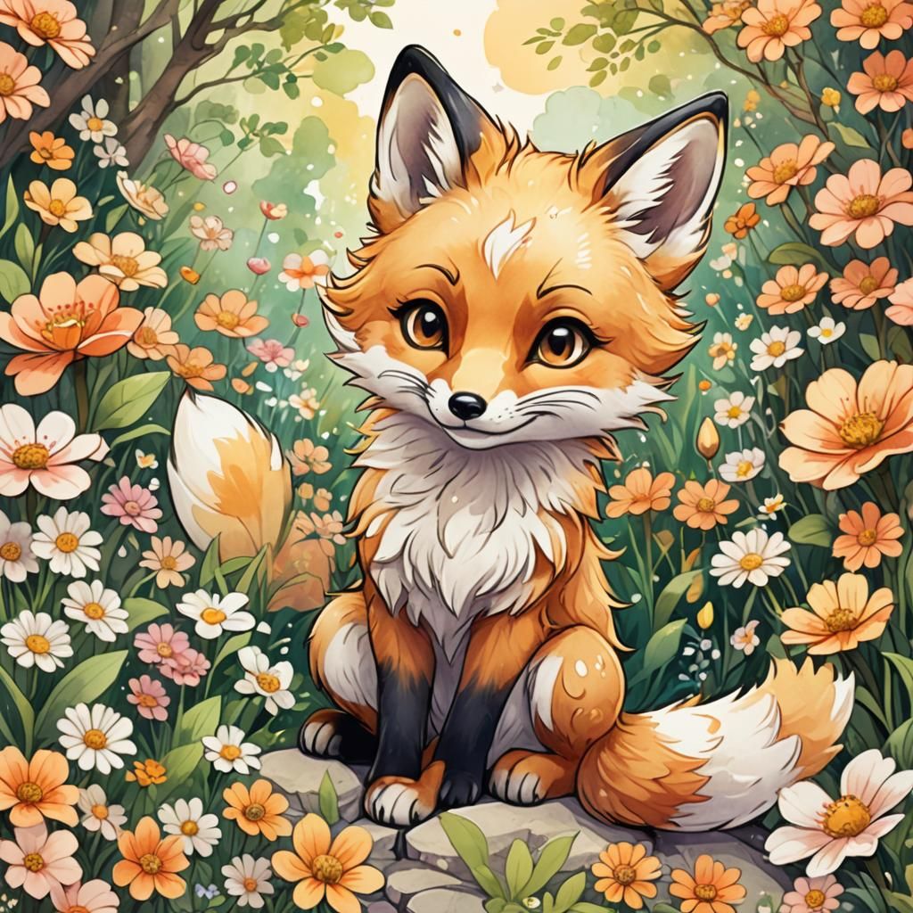 Chibi Fox in Whimsical Garden: Watercolor Anime Style