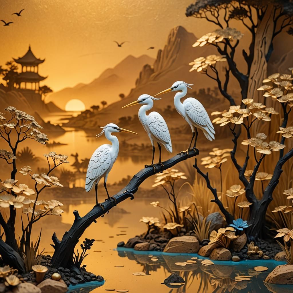 Asian Heron Cork Carving Diorama in Surreal Style