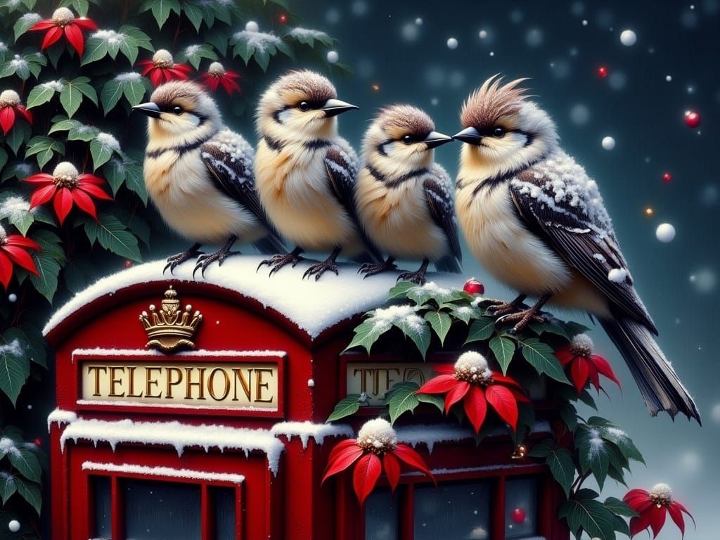 Four Calling Birds Perched on a British Telephone Booth in t...