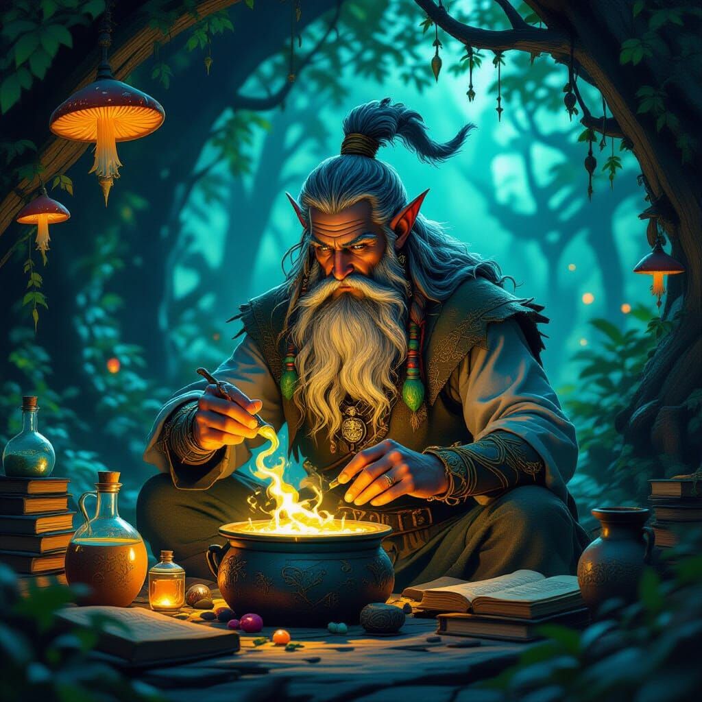 Druid Crafting Potion in Forest Hut