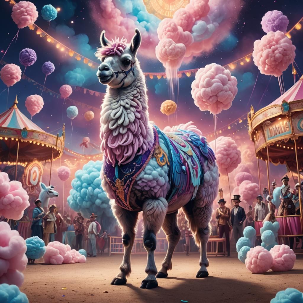 Cotton Candy Llama at the Circus: Fantasy Art
