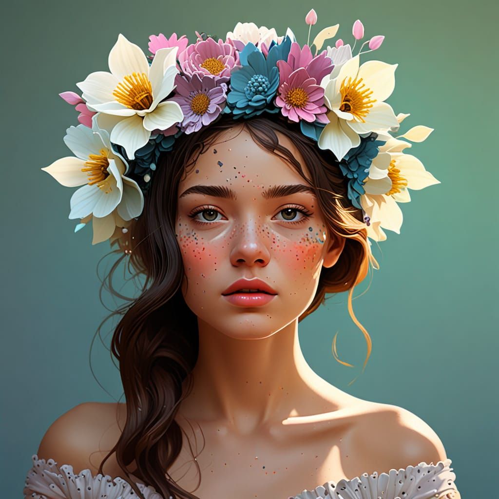 Floral Crown Beauty in Post-Impressionist Glitch Art