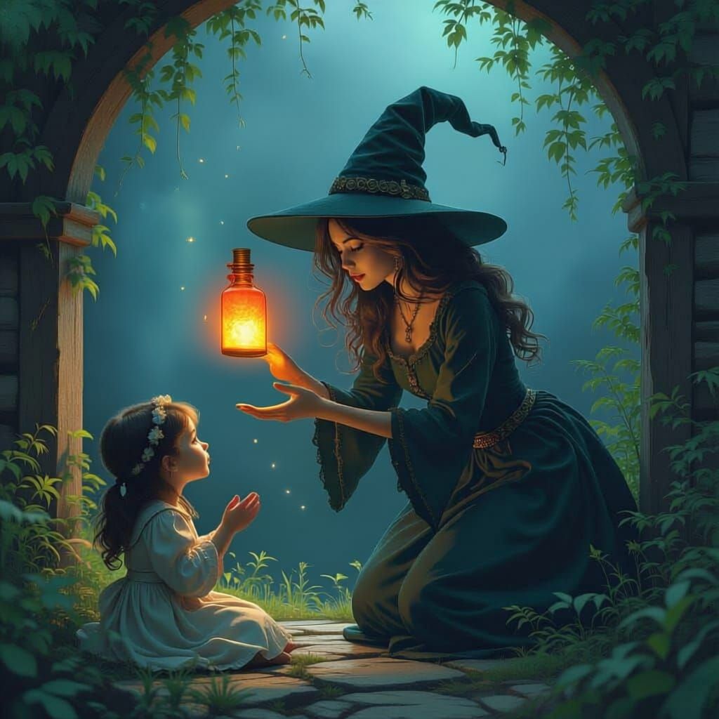 Young Witch Heals Sick Girl in Dark Fantasy Art
