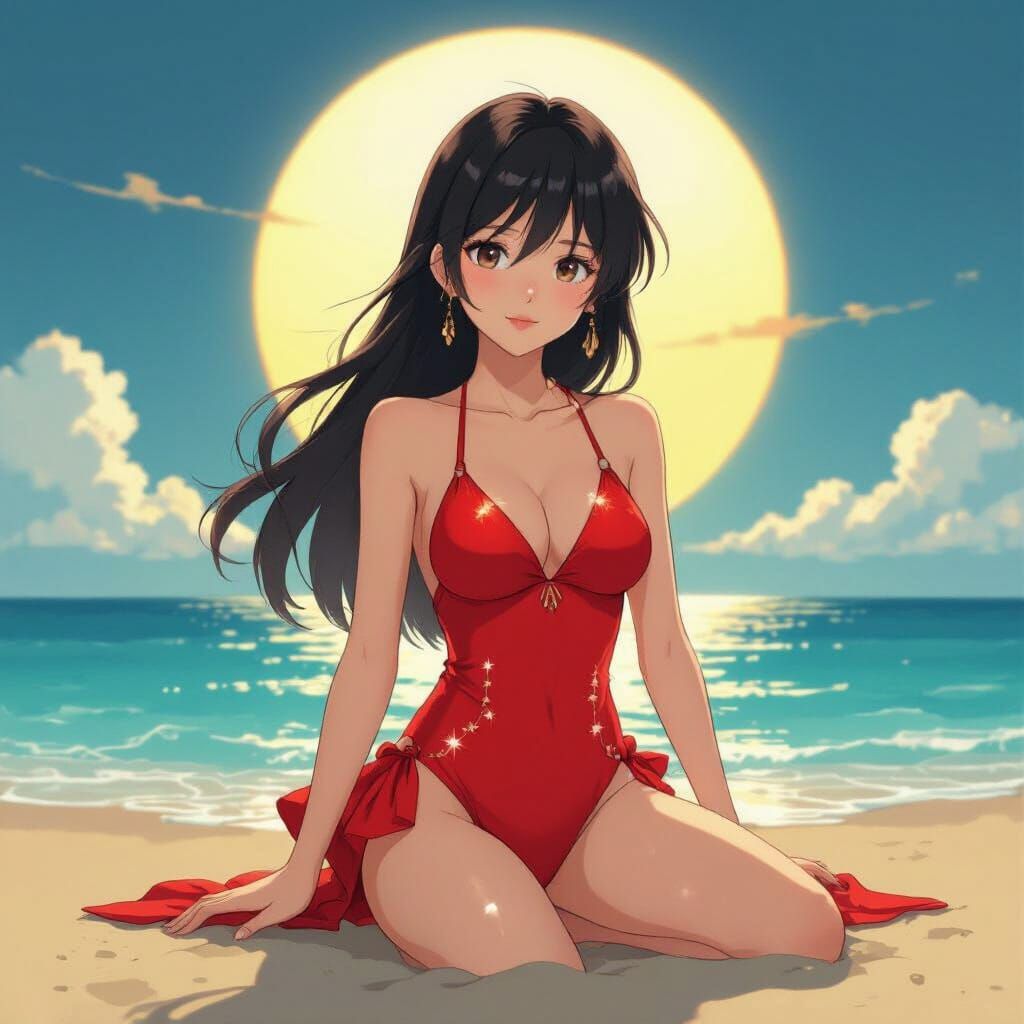 Anime Girl in Bikini, Shinkai Style Sunset