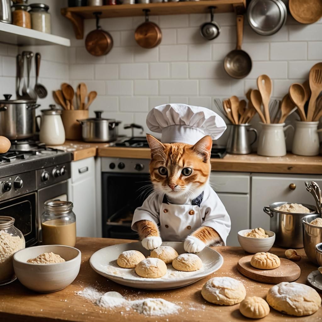 A baker cat making biscuits or kneading dough in a tiny kitchen.